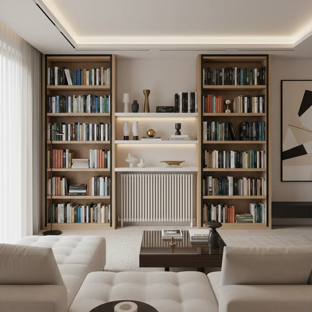 Bibliothèque sur mesure intégrant discrètement un radiateur au centre du mur.