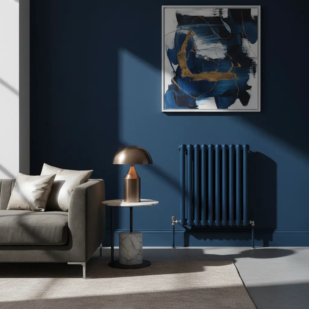 Radiateur peint du même bleu que le mur, fondu dans un salon moderne et épuré.