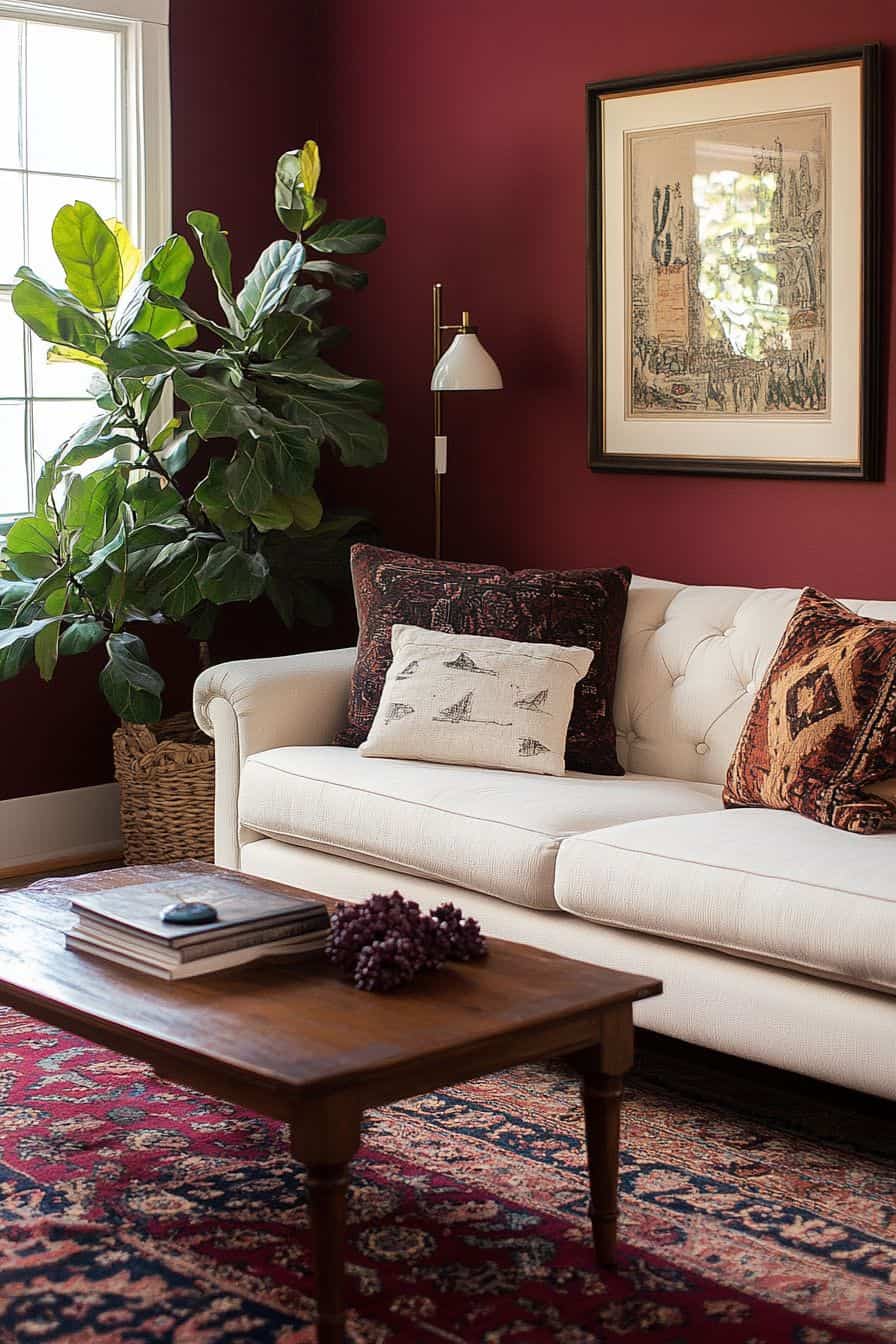 Mur d’accent bordeaux dans une salle à manger élégante avec table en marbre clair