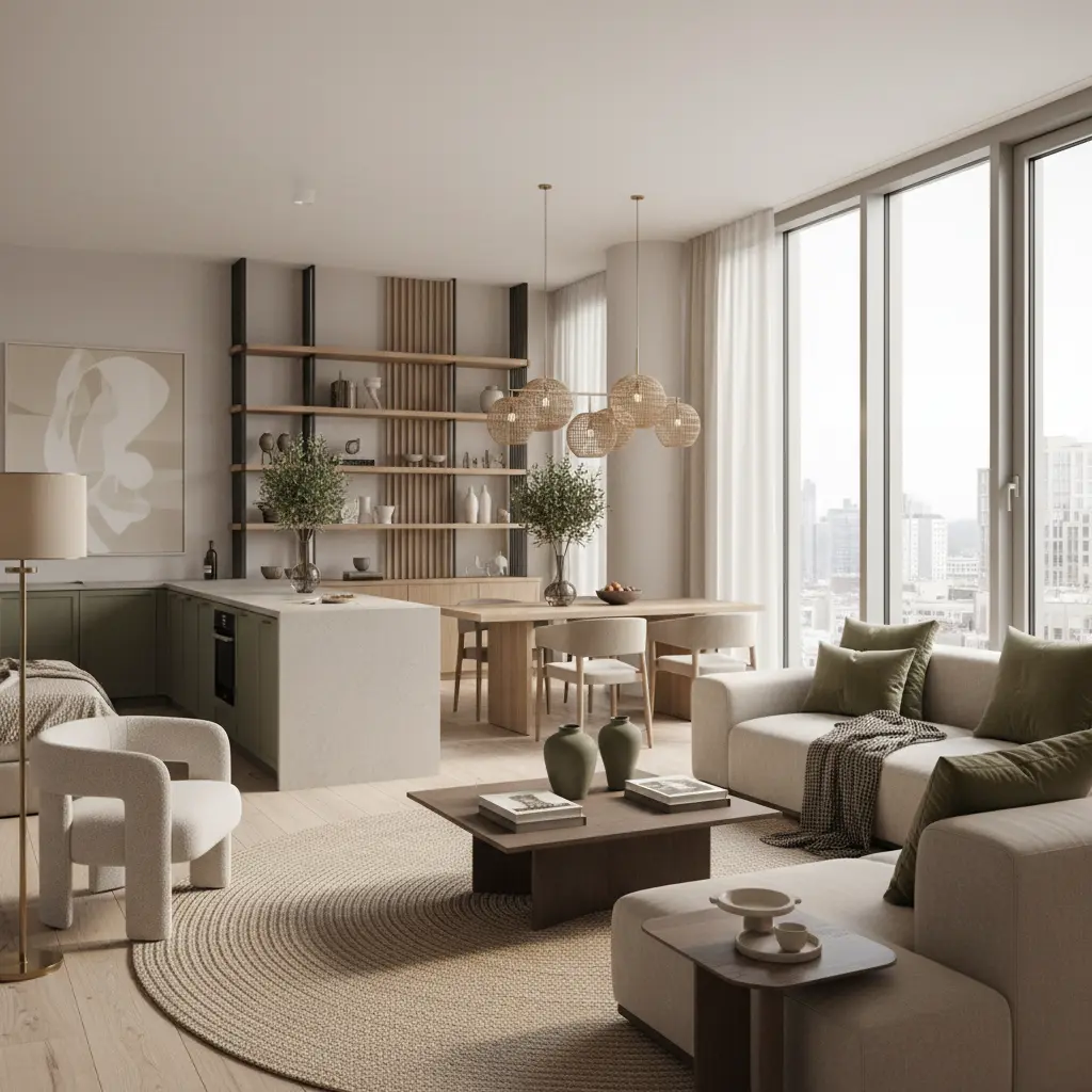 Loft lumineux : zonage par tapis et suspensions au-dessus de la table