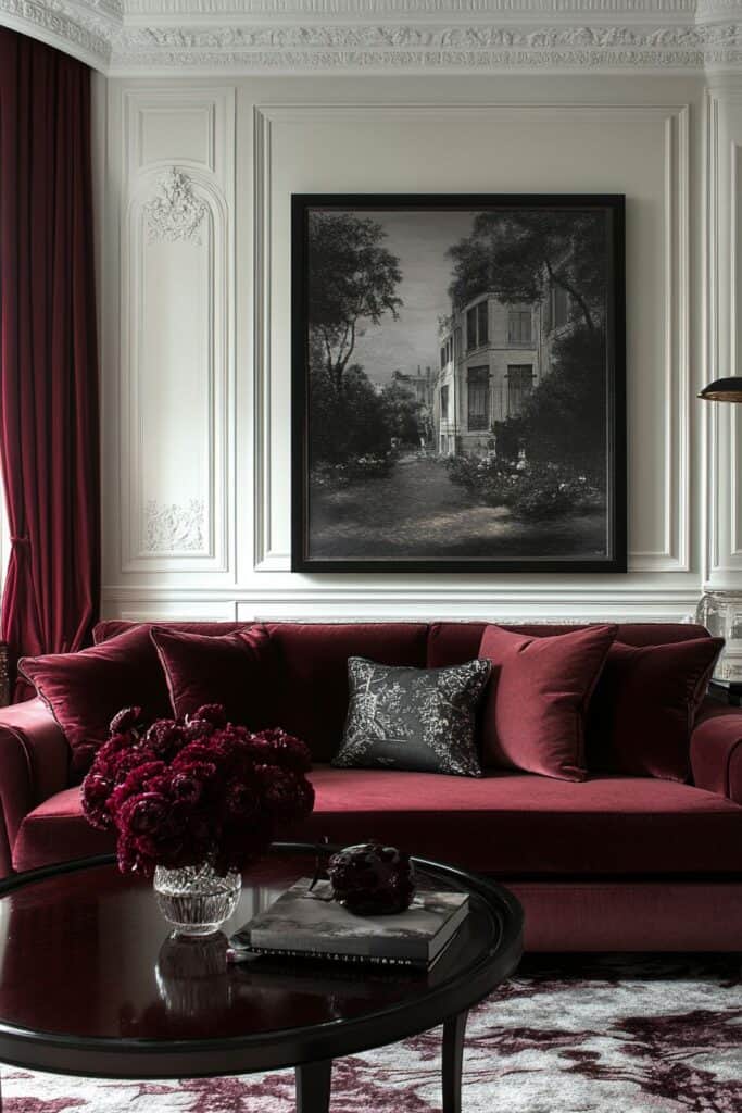 Salon Art Déco contemporain avec canapé bordeaux, laiton et touches de marbre