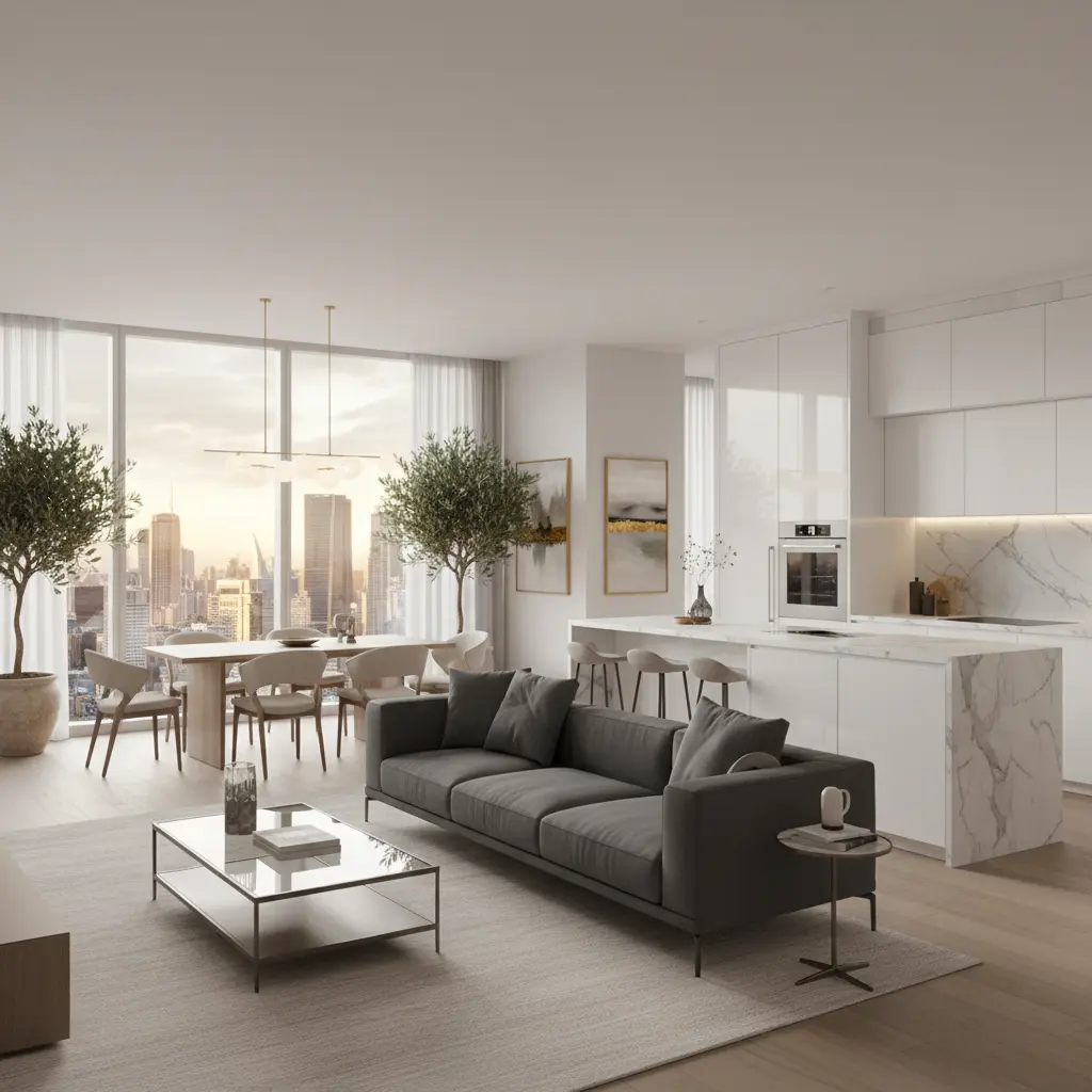 Cuisine ouverte : palette neutre, bois et métal noir