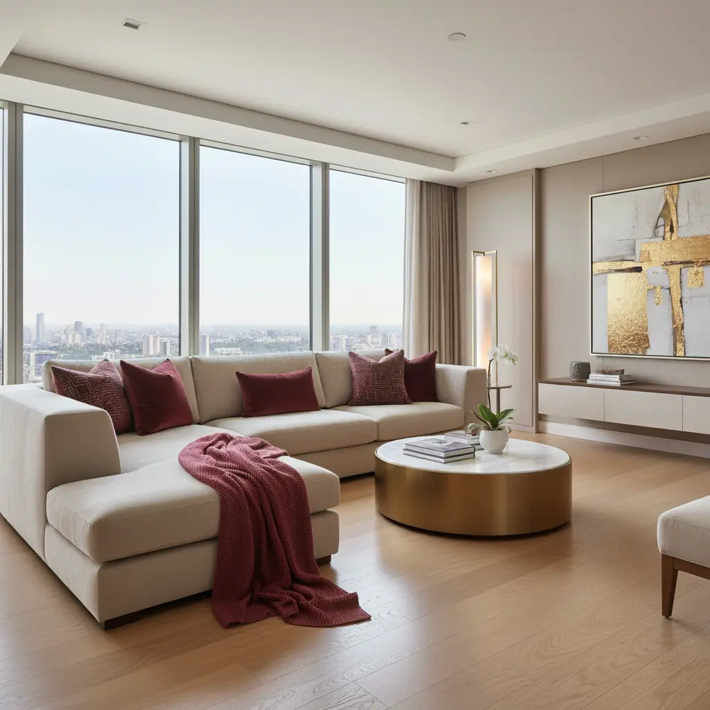 Canapé bouclette bordeaux dans un intérieur minimaliste beige et bois clair