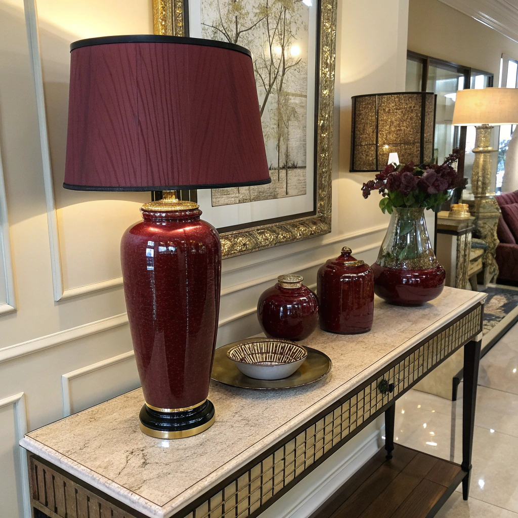 Objets décoratifs bordeaux : vases, bougies et livres sur console en bois foncé