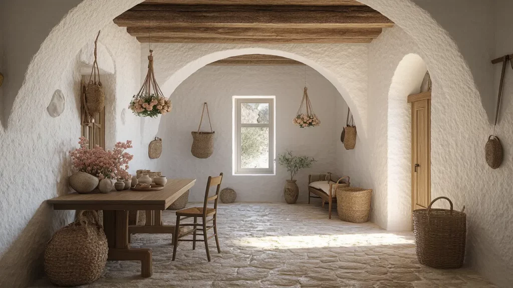 Espace intérieur d’un trullo contemporain mêlant pierre naturelle, bois et ambiance minimaliste.