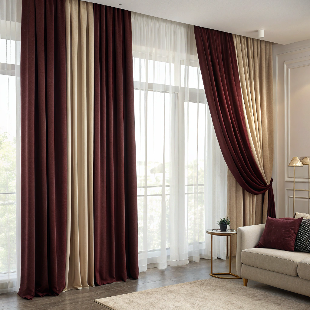 Rideaux bordeaux en velours encadrant une fenêtre avec lumière dorée d’automne