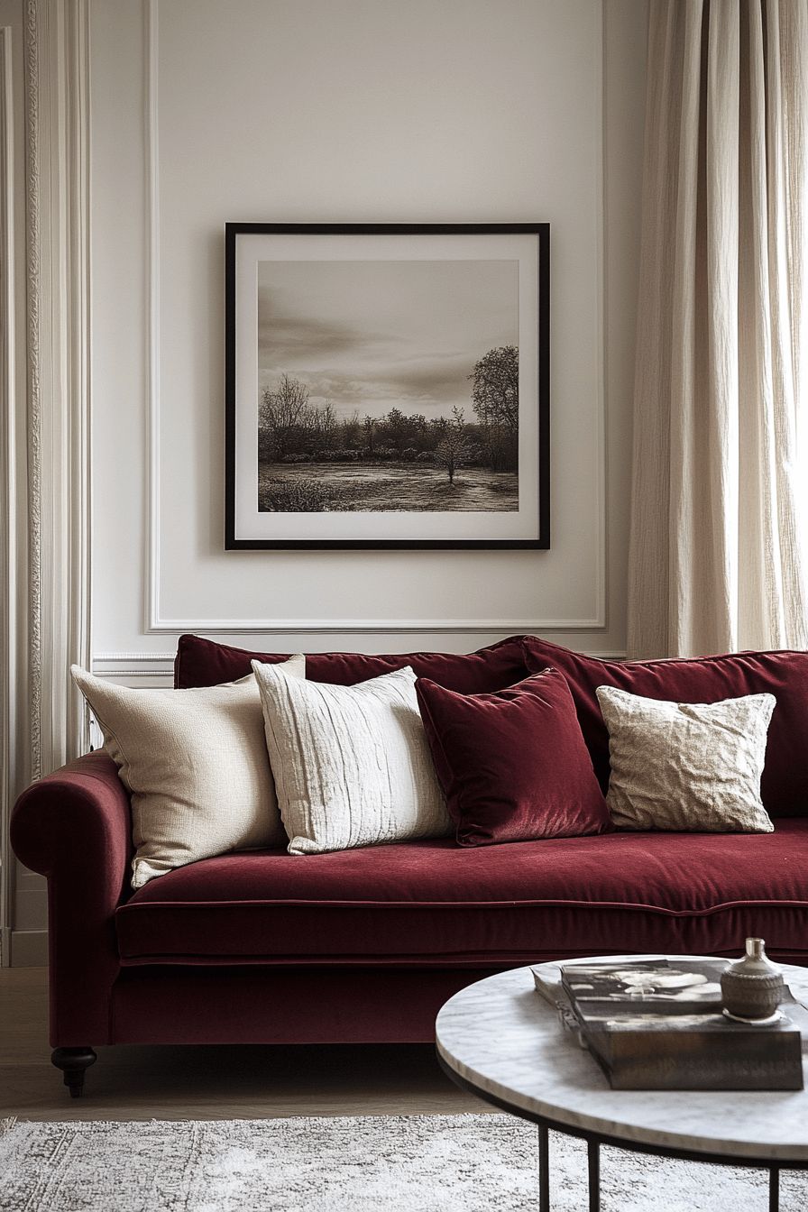 Salon baigné d’une lumière naturelle dorée, murs blanc chaud tirant sur la crème, canapé en lin beige, bois clair et touches de laiton pour une ambiance accueillante et raffinée.