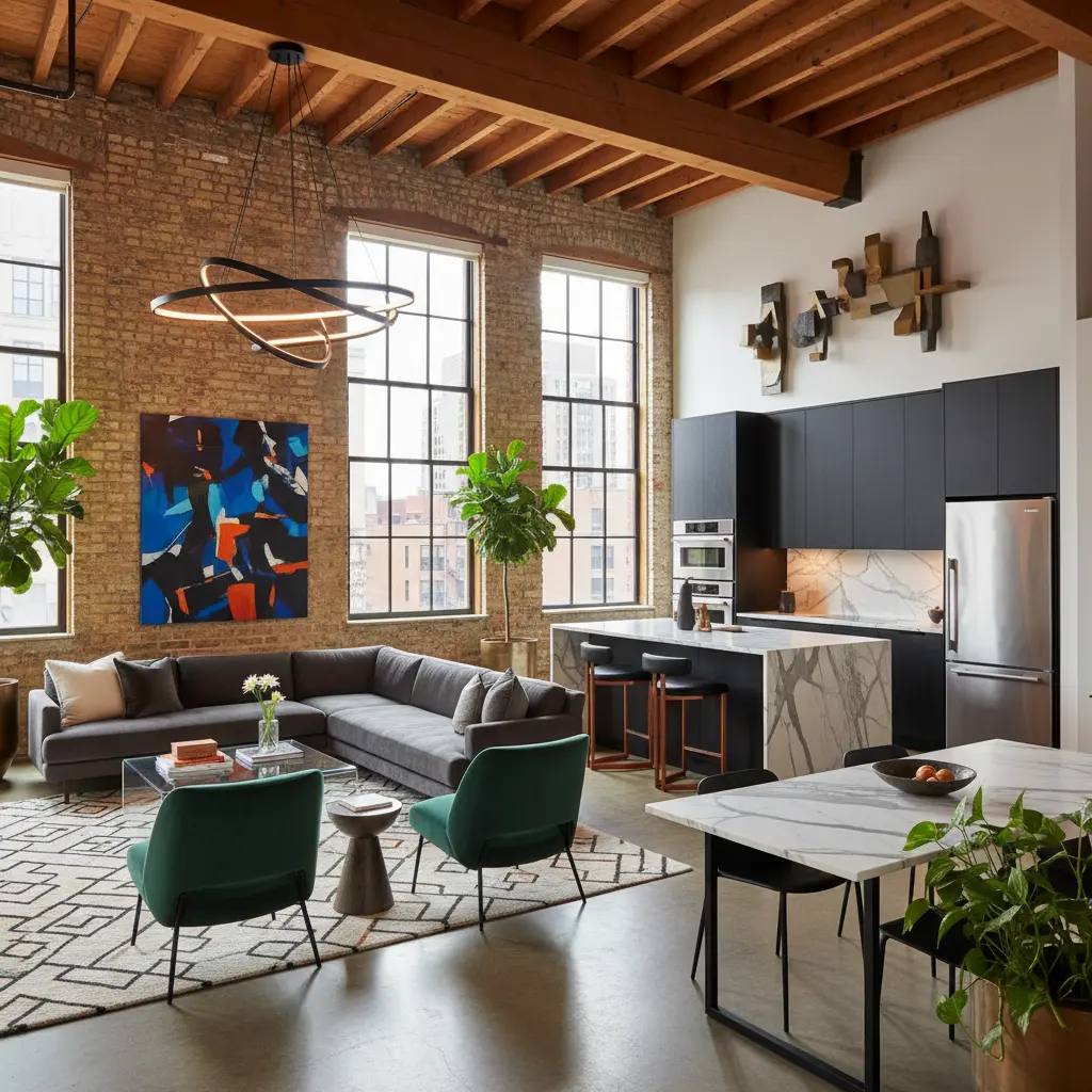 Coin salon d’un open space : éclairage en strates et rideaux pleine hauteur