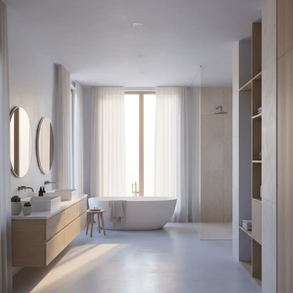 Salle de bain lumineuse aux murs blanc froid légèrement bleutés, matériaux minéraux et bois clair pour un équilibre entre fraîcheur et chaleur naturelle.