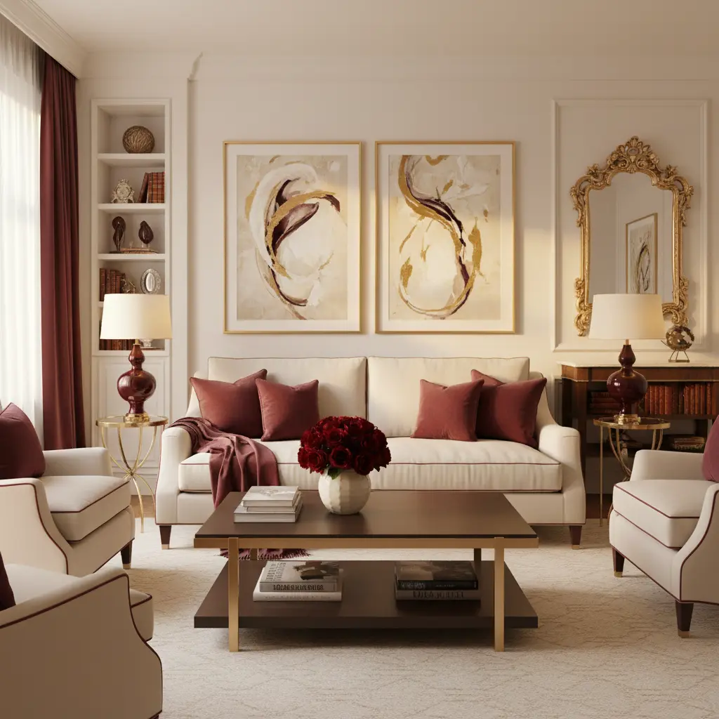 Salon lumineux avec canapé en velours bordeaux et accents dorés