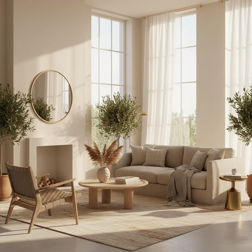 Salon élégant peint en blanc chaud ivoire, lumière douce et dorée, tissus naturels et accents dorés créant une atmosphère accueillante et feutrée.