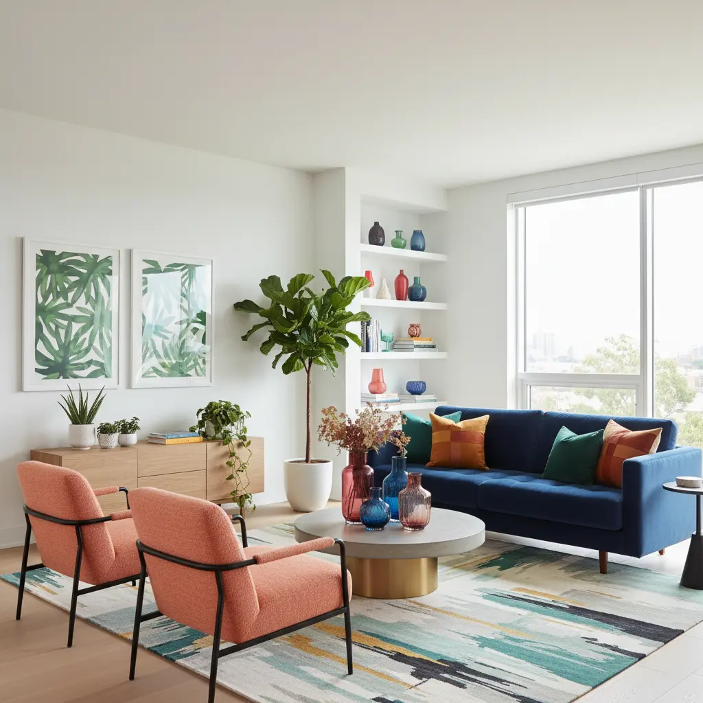 Salon contemporain aux murs blanc pur, baigné de lumière naturelle, mobilier clair et décor minimaliste pour une ambiance lumineuse et équilibrée.