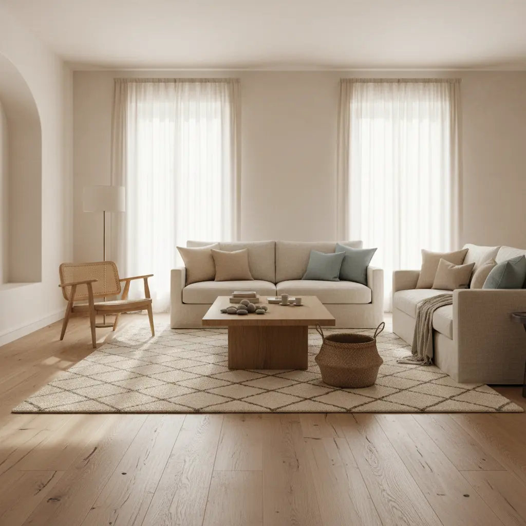 Salon raffiné aux murs blanc cassé, tons beige clair et lin naturel, ambiance intemporelle et harmonieuse dans un style méditerranéen doux.