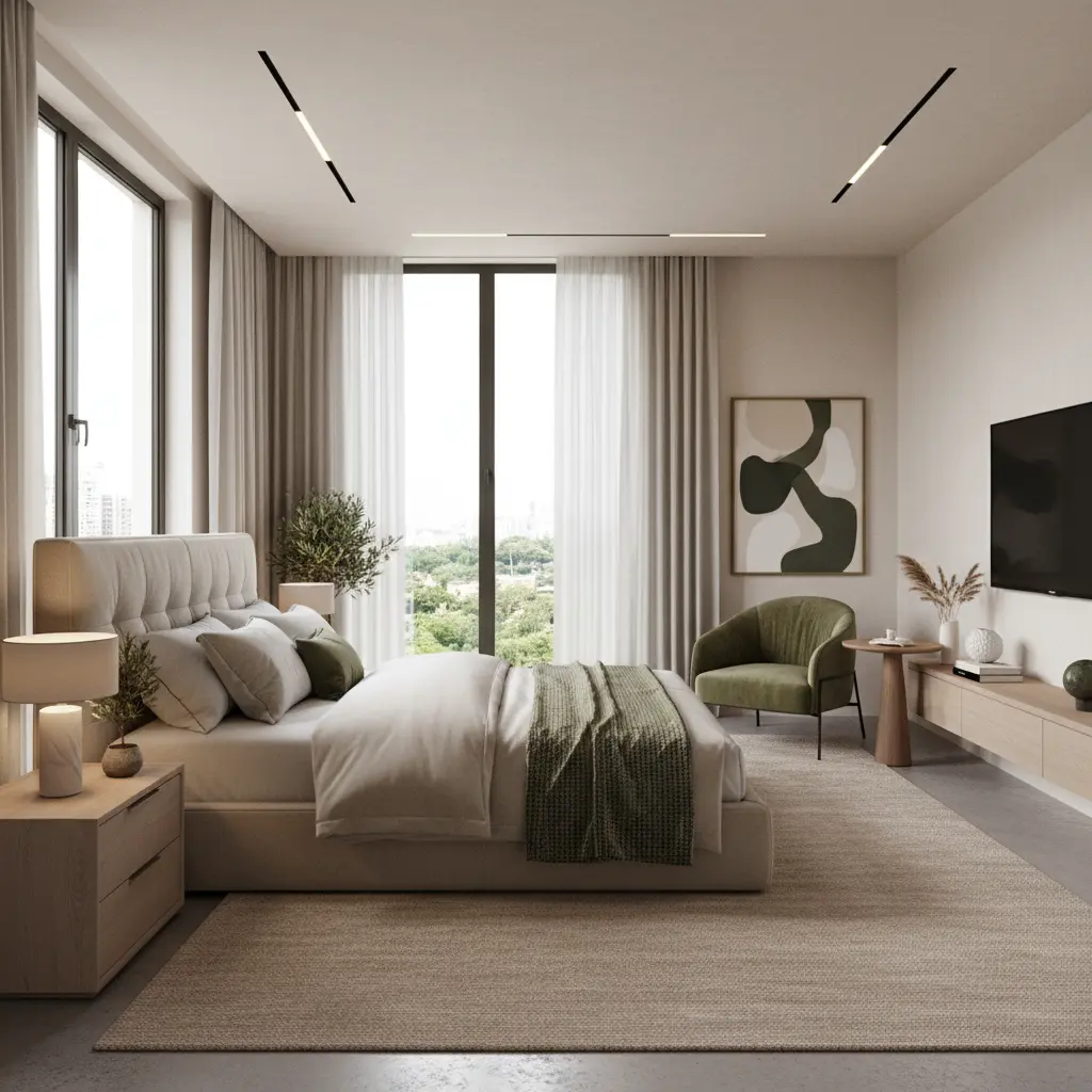 chambre à coucher soigné mettant en valeur les volumes et la fonctionnalité du logement