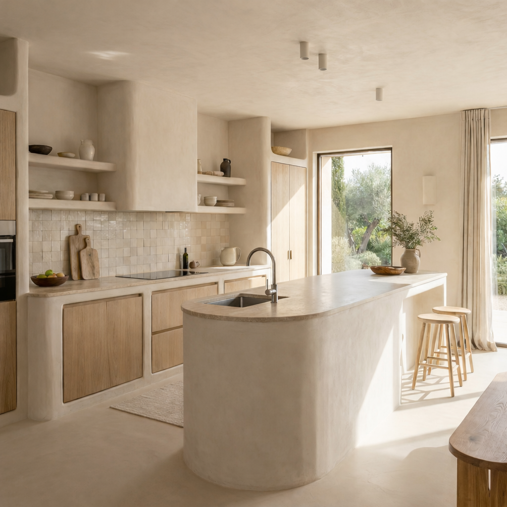 Cuisine en maçonnerie moderne avec îlot central en béton ciré et rangements en bois naturel