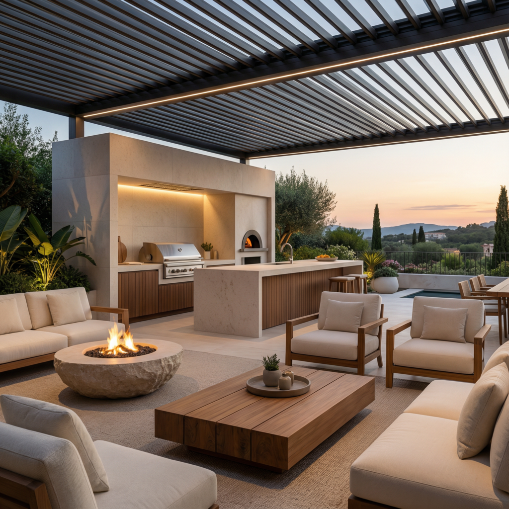 Cuisine en maçonnerie contemporaine aux lignes épurées, étagères ouvertes et finitions minérales claires