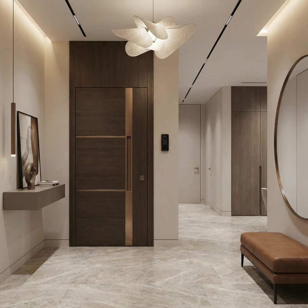 entrée d'appartement avec porte blindée elegante et sophistiquée sur itnérieur moderne