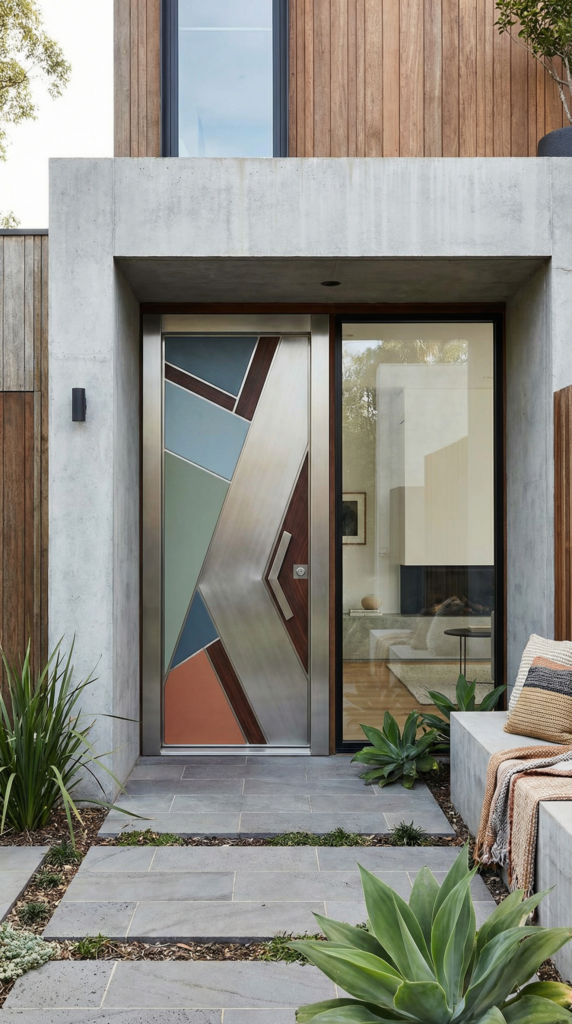 Porte blindée design intégrée harmonieusement à une maison contemporain
