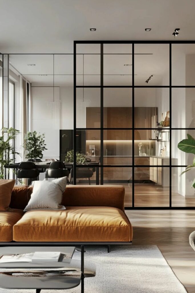 Cloison intérieure design avec verrière séparant cuisine et salon lumineux