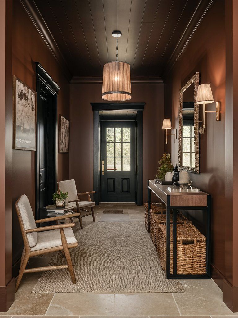 Couloir long aménagé avec de la couleur de caractère, appliques design et décoration élégante