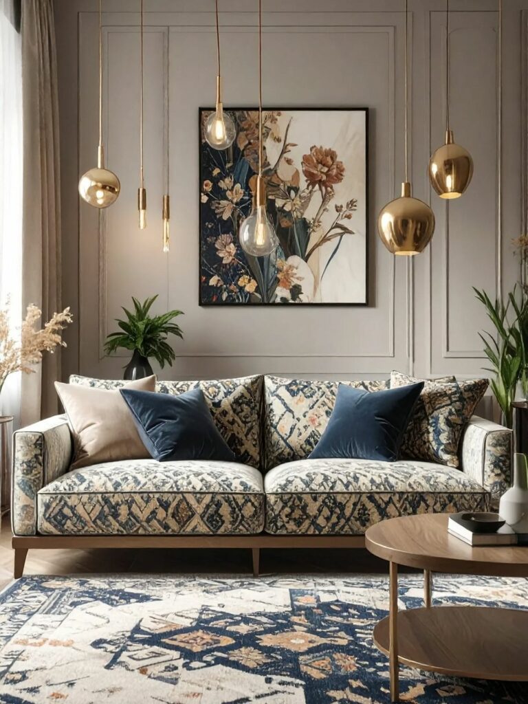 Tapis à motif discret et fauteuil tapissé, créer du rythme sans surcharger