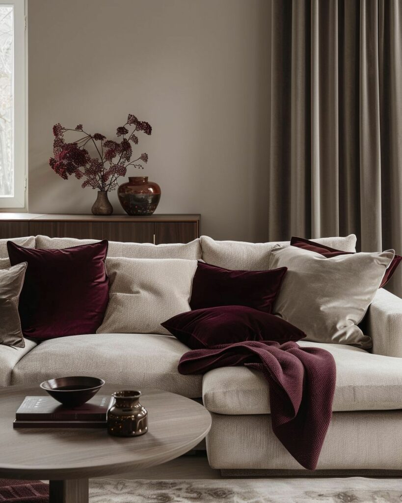 Canapé en tissu synthétique ivoire dans un salon contemporain aux matières naturelles