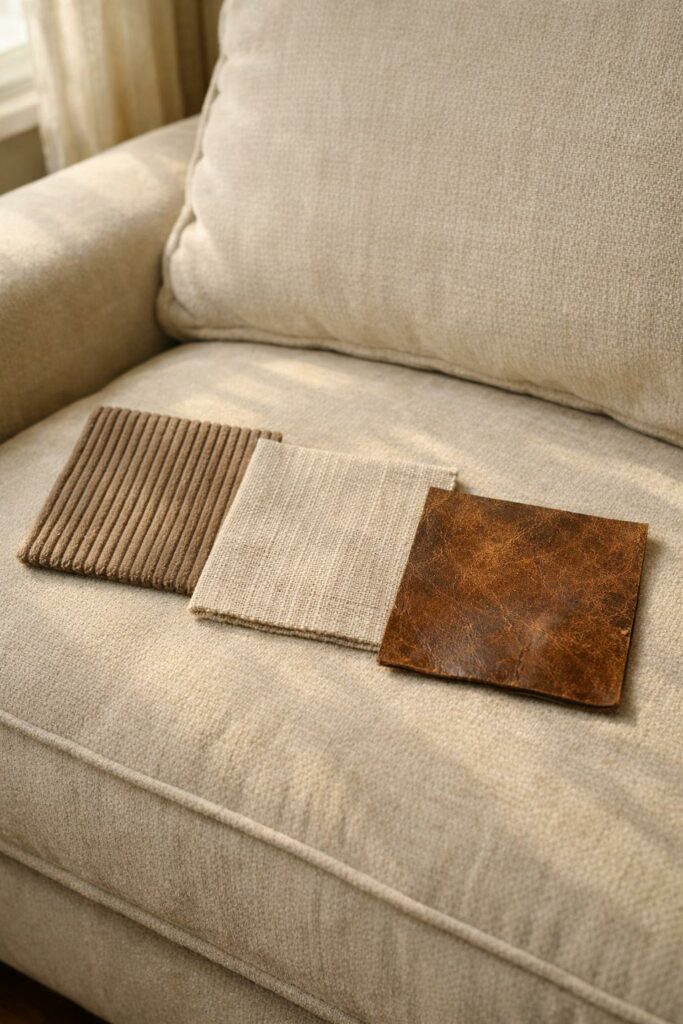 Détail de tissu haut de gamme pour canapé:velours, lin ou cuir patiné