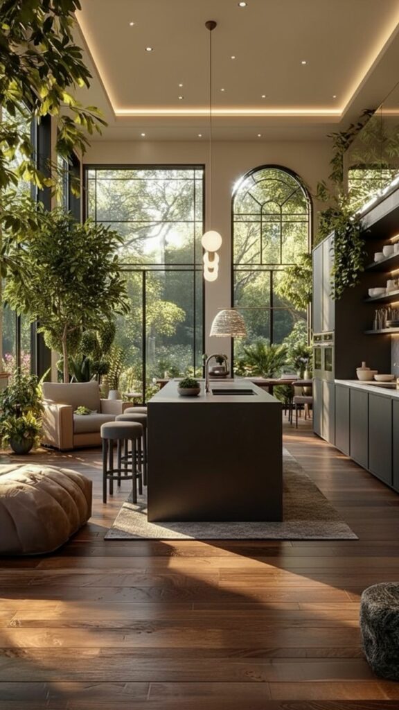 Plante structurante en intérieur biophilique: ficus ou monstera. cuisine en style biophilique