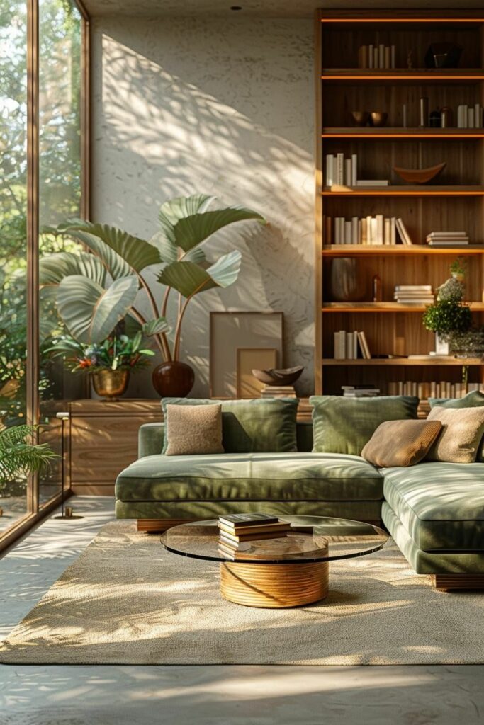 Salon lumineux en design biophilique avec plantes et bois brut