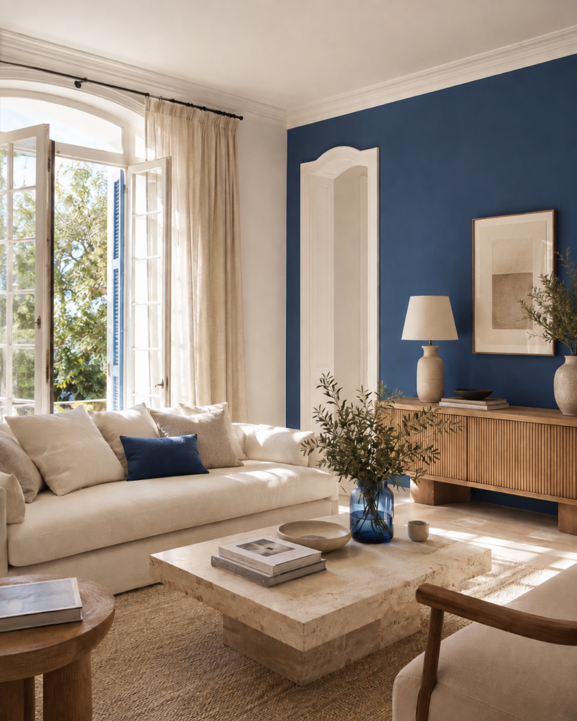 salon avec details en bleu