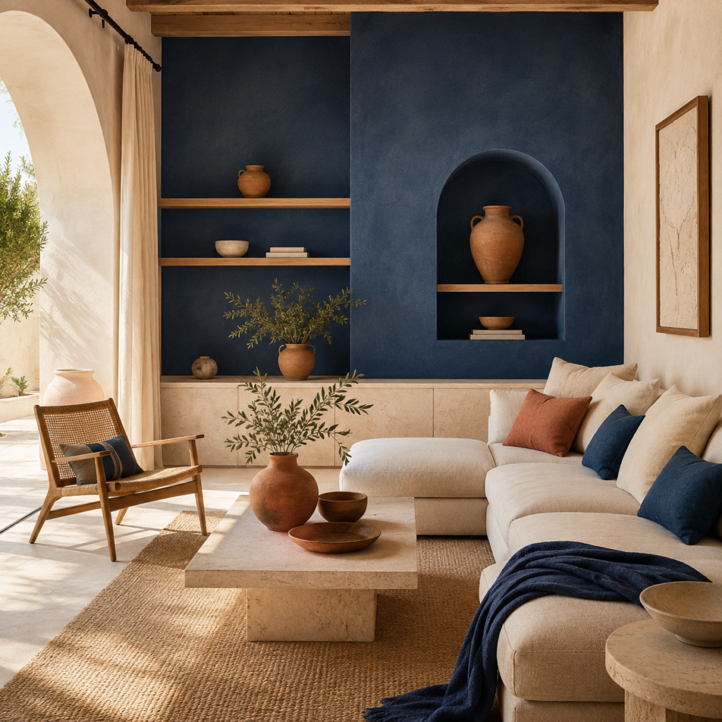 salon moderne architectural bleu et terracotta
